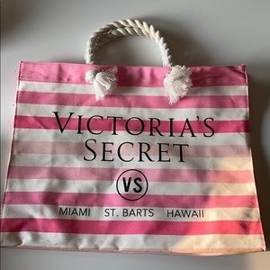 Victoria’s Secret Pink & White Striped Tote with Jute Rope Handles